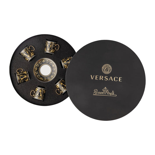 Versace Virtus Gala Black Set of 6 Espresso Cups & Saucers (Gift-Boxed) front view