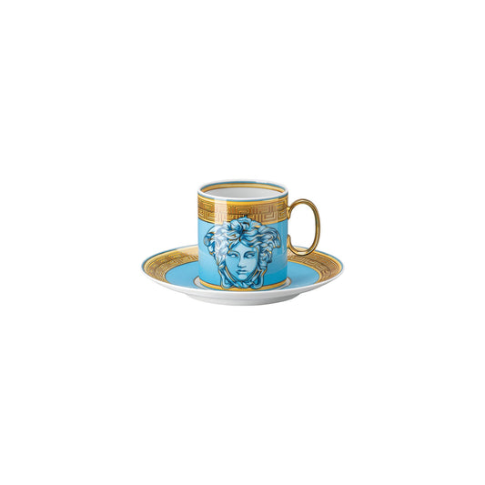 Versace Medusa Amplified Blue Coin Cup/Saucer 4 tall front view