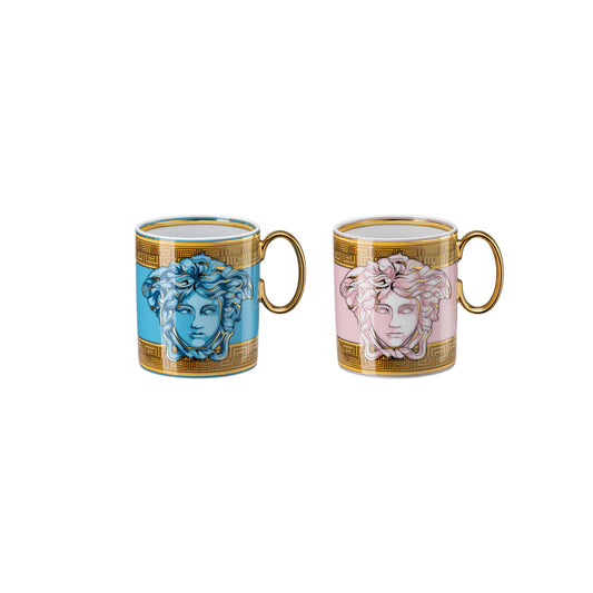 Versace Medusa Amplified Blue/Pink Coin Set 2 mugs w. handle front view