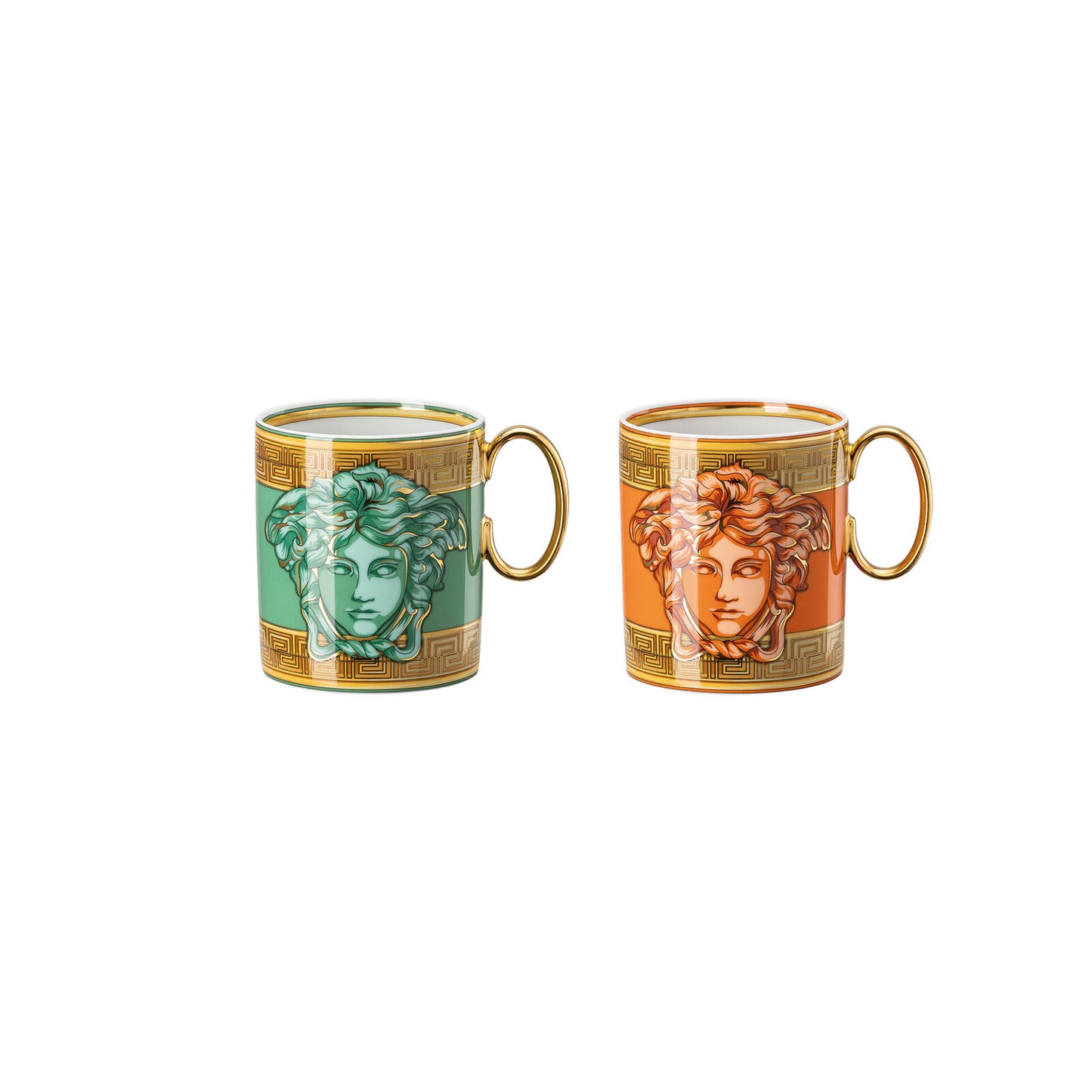 Versace Medusa Amplified Green/Orange Coin Set 2 mugs w. handle front view