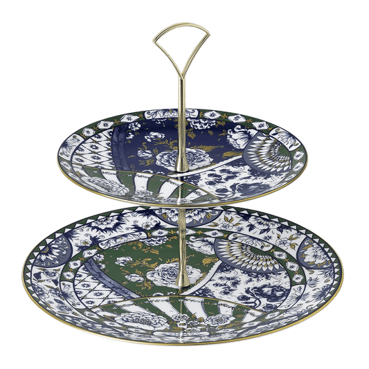 Royal Crown Derby Victorias Garden Blue and Green Two Tier Cake Stand (24cm) – official product image