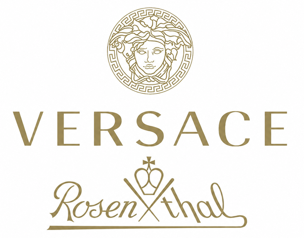 Versace and Rosenthal branding on a plain white background, with the Versace Medusa emblem at the top and the Rosenthal script logo below in gold-toned lettering.