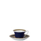 Navy blue teacup and saucer with gold detailing on a white background